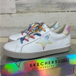 Skechers women 8 white diamond stars right rainbow sneakers lace up shoes casual